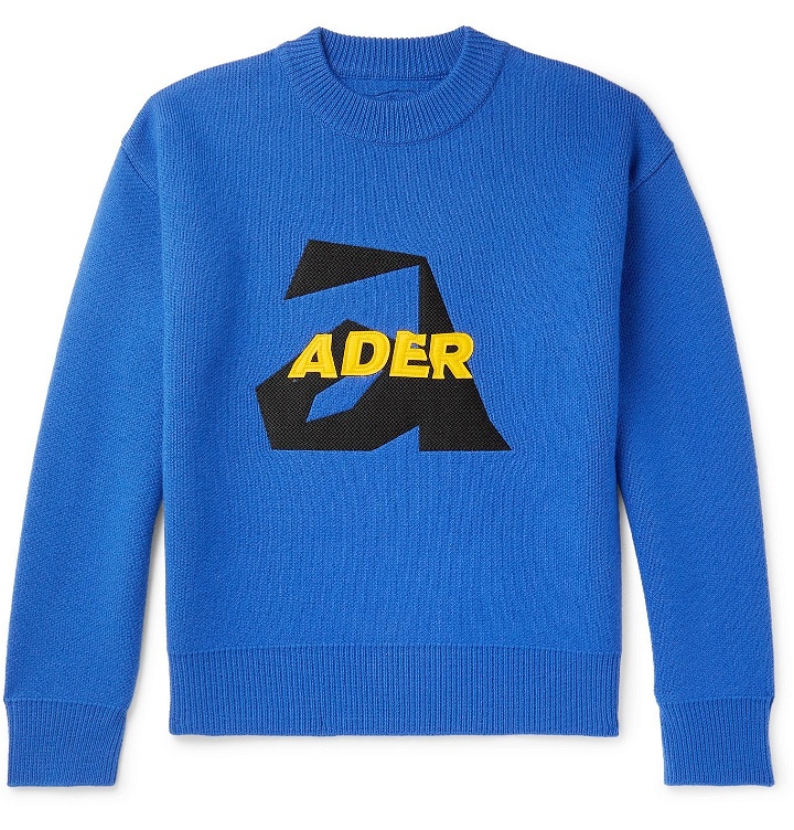 Photo: Ader Error - Oversized Logo-Appliquéd Wool Sweater - Blue