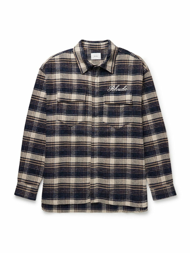 Photo: Rhude - Logo-Embroidered Checked Cotton-Flannel Shirt - Blue