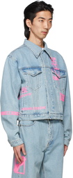 We11done Blue Denim Neon Logo Jacket