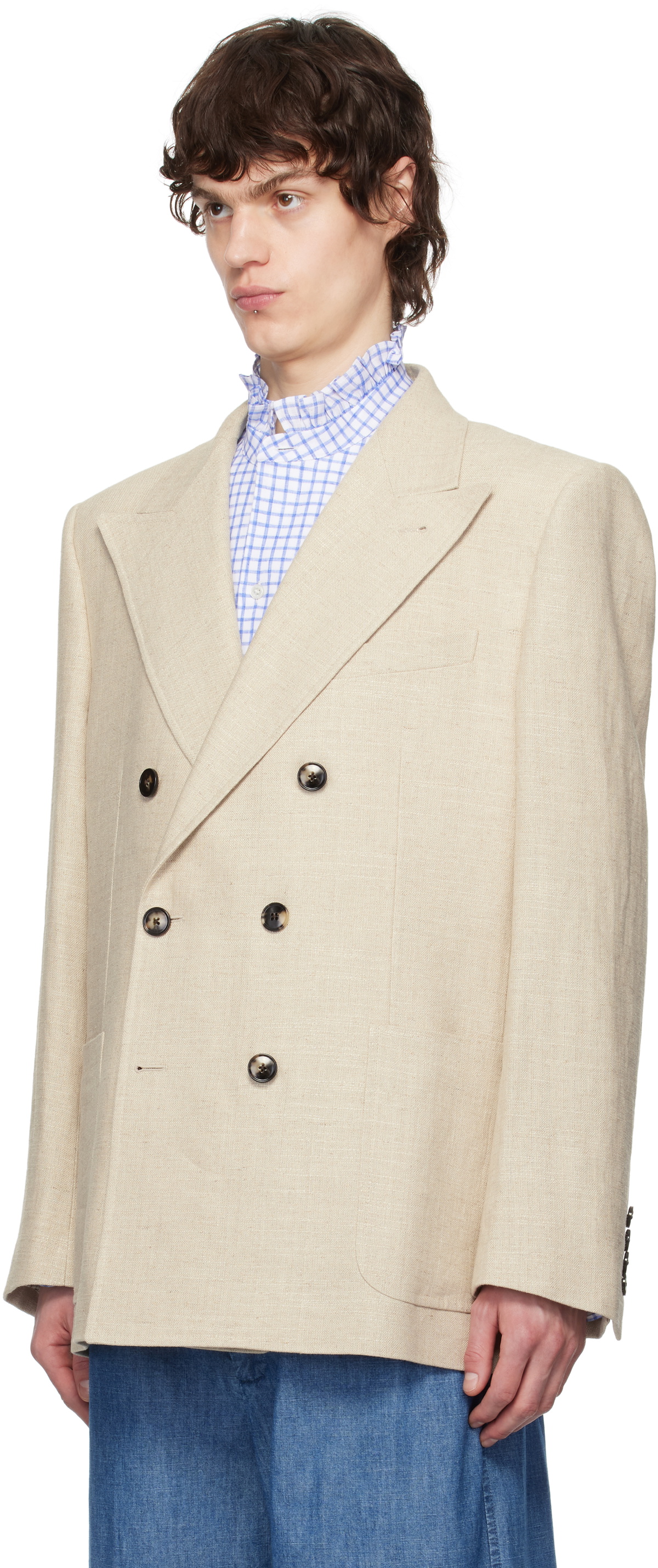 Solid Beige Double Breasted Blazers