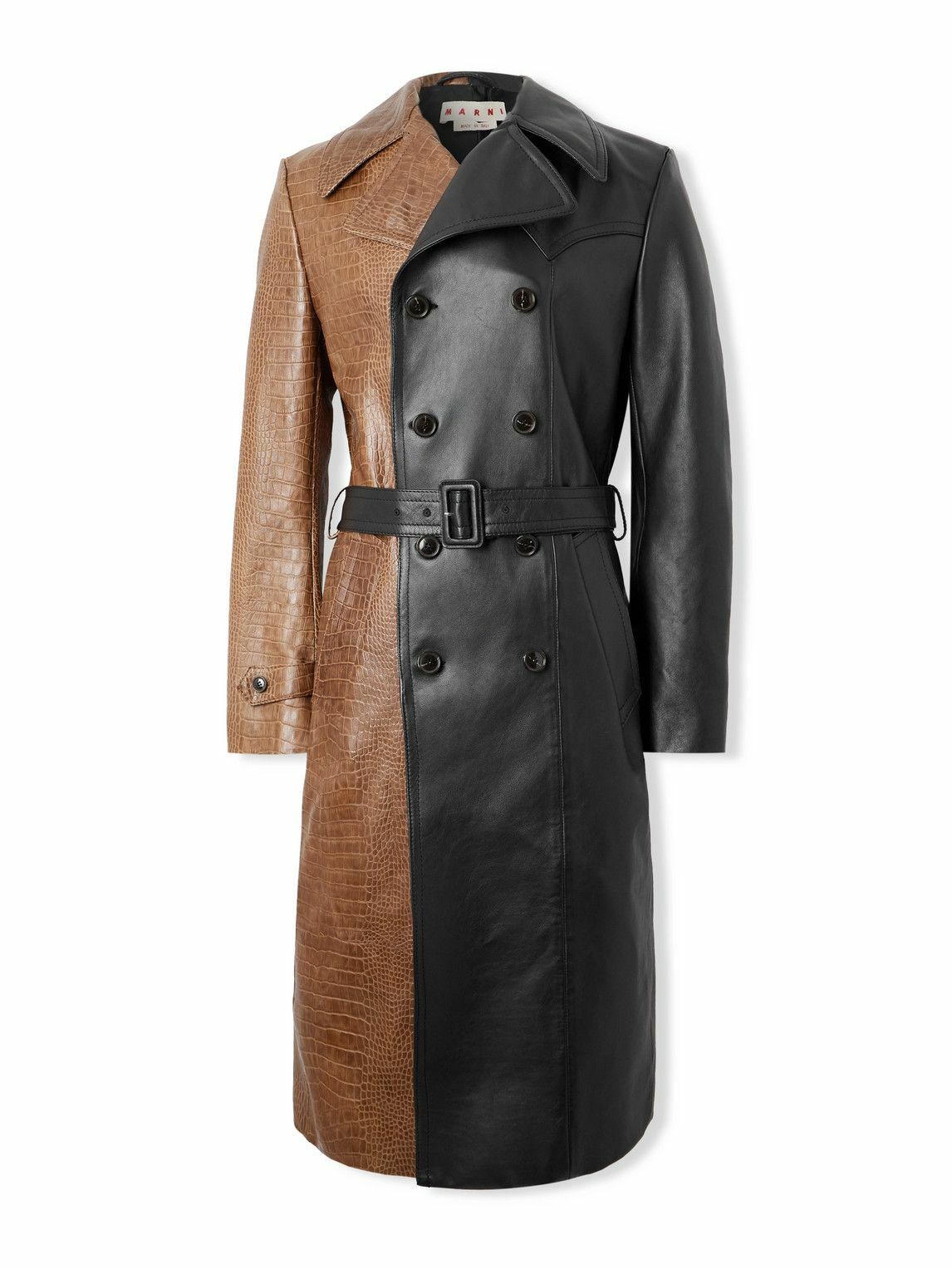 Marni - Double-Breasted Belted Two-Tone Croc-Effect Leather Coat - Black