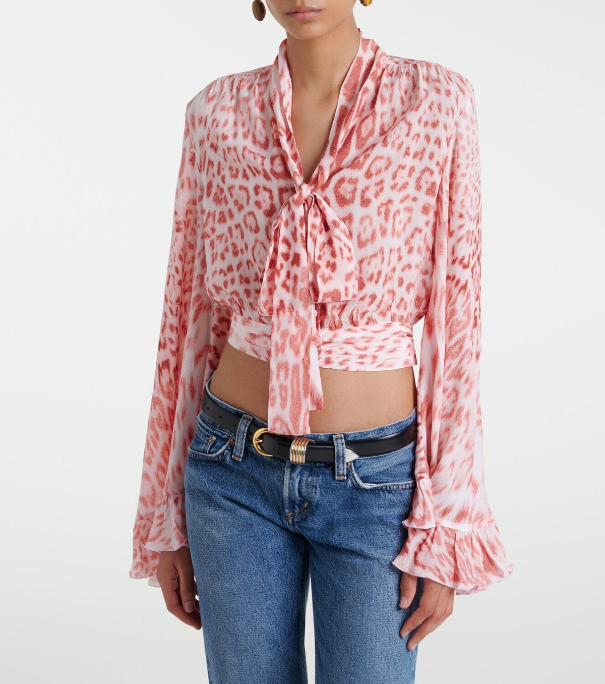 Roberto Cavalli Leopard-print tie-neck jersey blouse