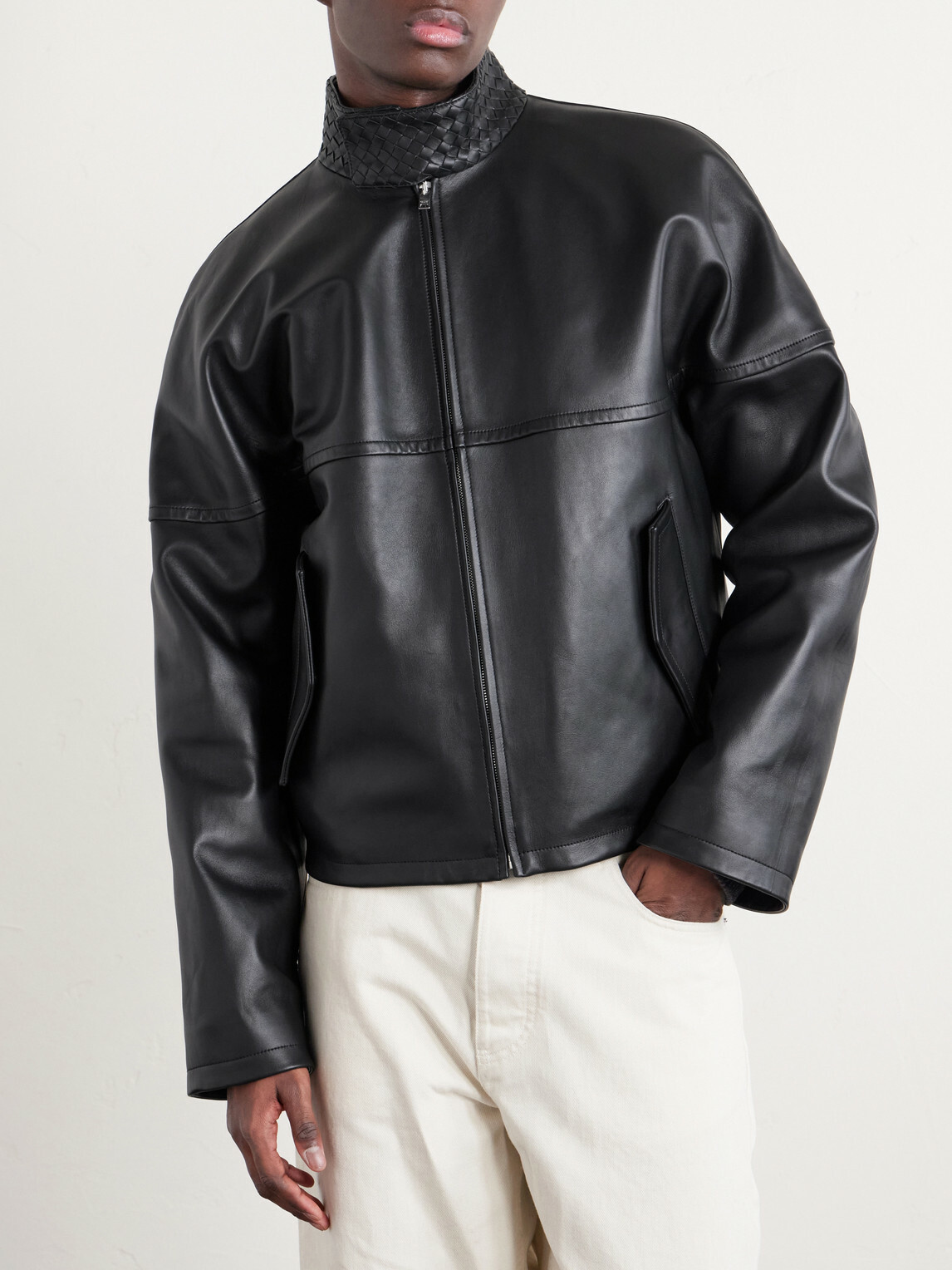 Bottega Veneta - Intrecciato-Trimmed Leather Blouson Jacket - Black