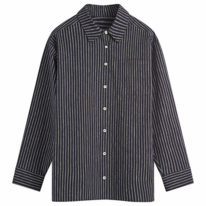 Photo: DONNI. Women's Linen Stripe Shirt in Navy Stripe