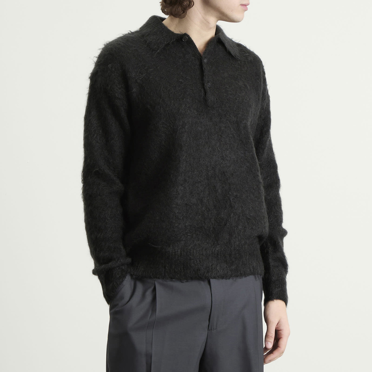 Auralee Men's Super Kid Mohair Polo in Ink Black