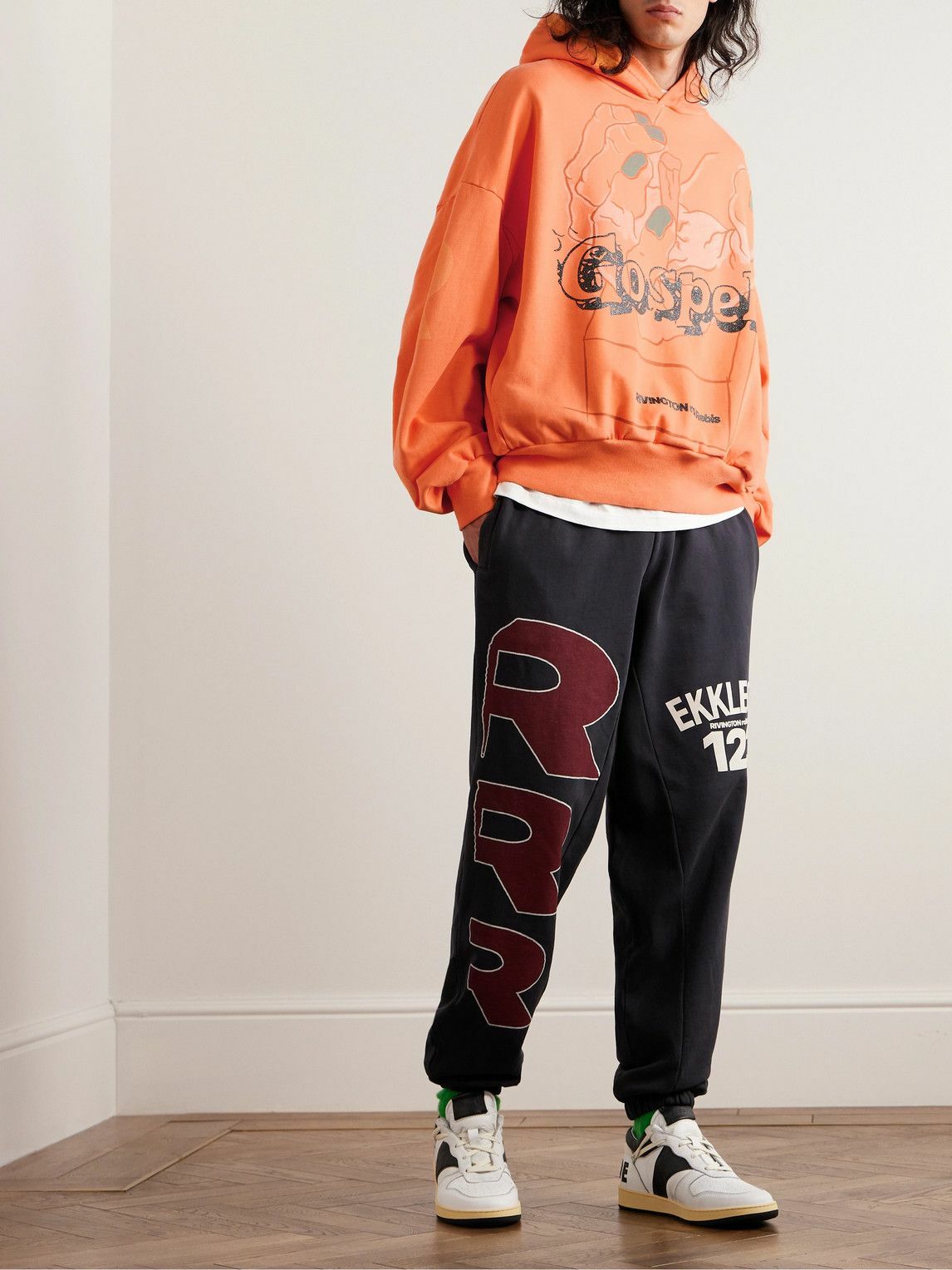 RRR123 - Gospel Logo-Print Sparkle-Embellished Cotton-Jersey Hoodie - Orange