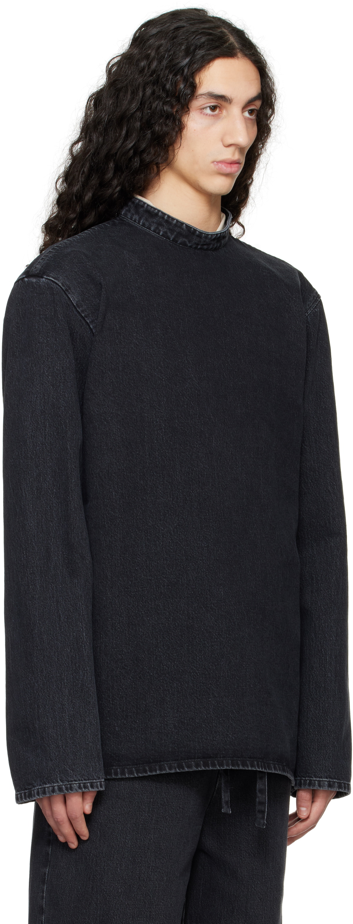 Rier Black Band Collar Denim Top