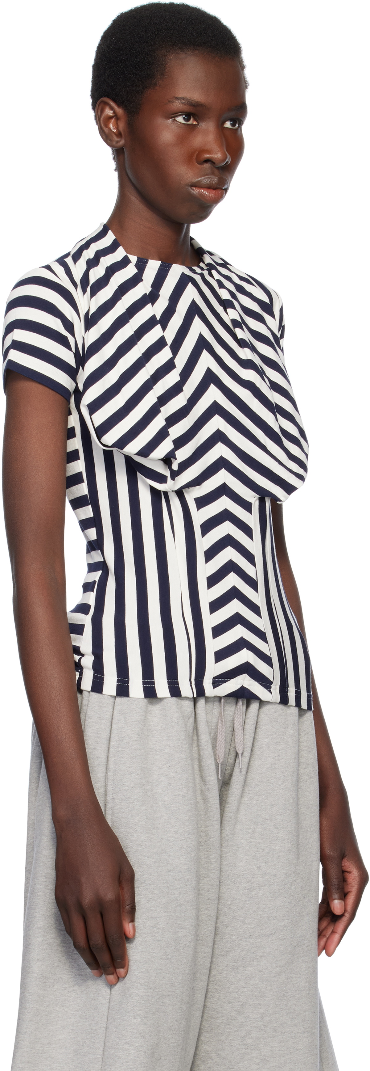 Pushbutton Navy & White Stripe Bra Draping Jersey T-shirt