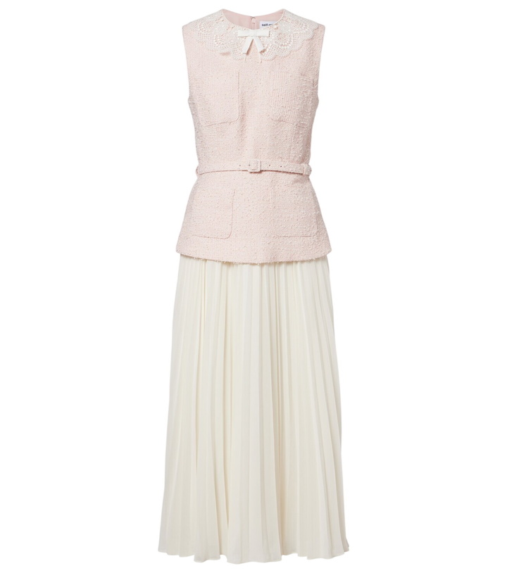 Photo: Self-Portrait Belted pleated bouclé and chiffon midi dress