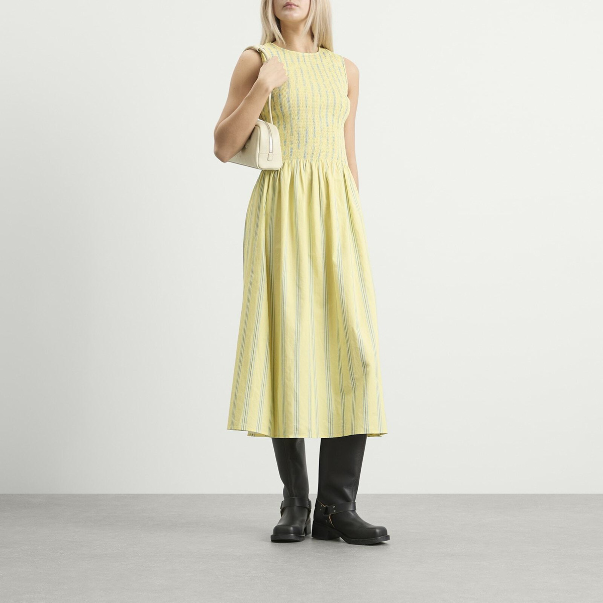House Of Sunny Women's Striped Ruched Mesh Dress in Butter