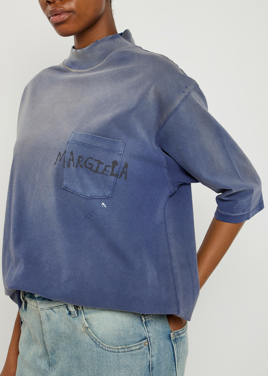 Maison Margiela Distressed Logo-printed Cotton T-shirt Blue Maison