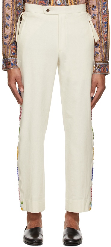 Photo: Bode Off-White Beaded Side-Tie Trousers