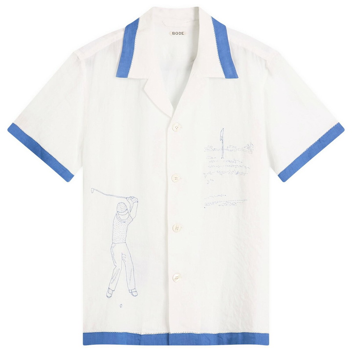 Photo: BODE Men's Club Champion Short Sleeve Shirt in White Blue