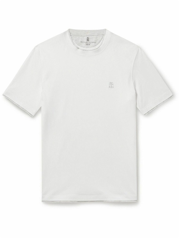 Photo: Brunello Cucinelli - Slim-Fit Layered Logo-Embroidered Cotton-Jersey T-Shirt - White
