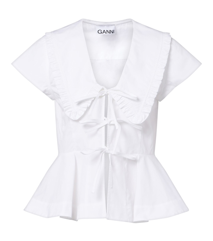Photo: Ganni Bow-detail peplum cotton poplin blouse