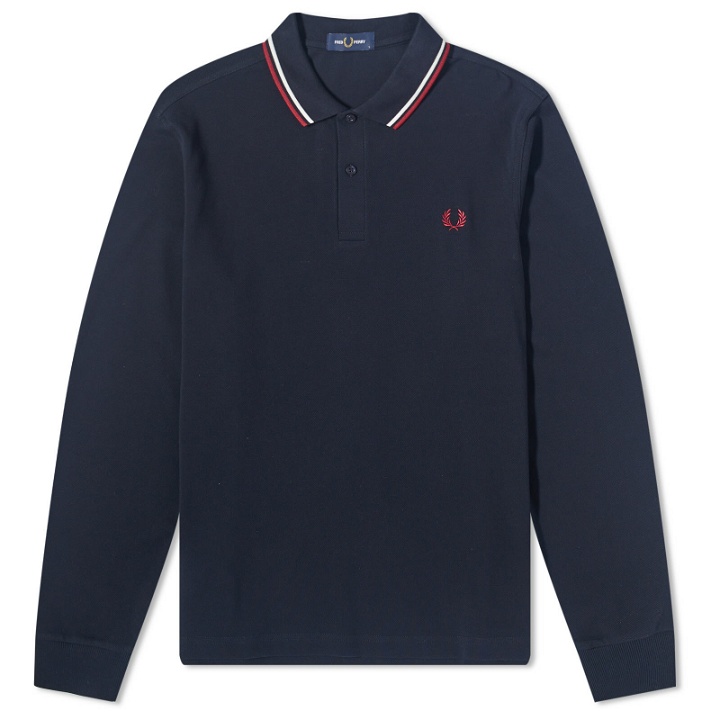 Photo: Fred Perry Men's Long Sleeve Twin Tipped Polo Shirt in Navy/Snow White/Burnt Red