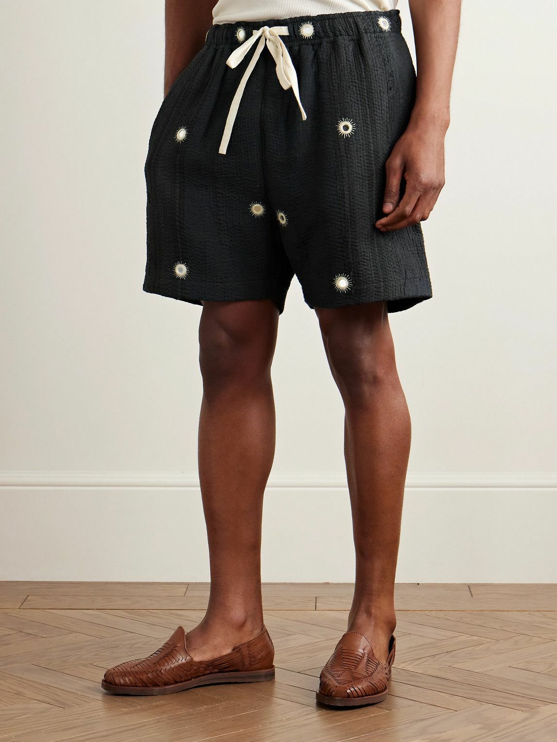 Kartik Research - Straight-Leg Embellished Kantha Cotton Drawstring Shorts - Black