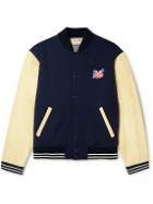Marni - Logo-Appliquéd Striped Leather-Panelled Knitted Bomber Jacket - Blue