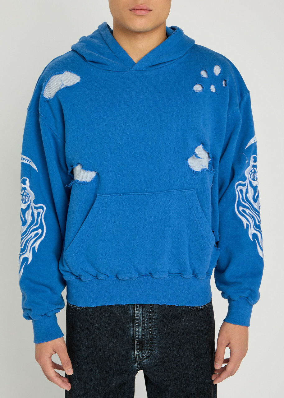 Warren Lotas Serenity Reaper Distressed Detailed Hooded Cotton Sweatshirt Blue