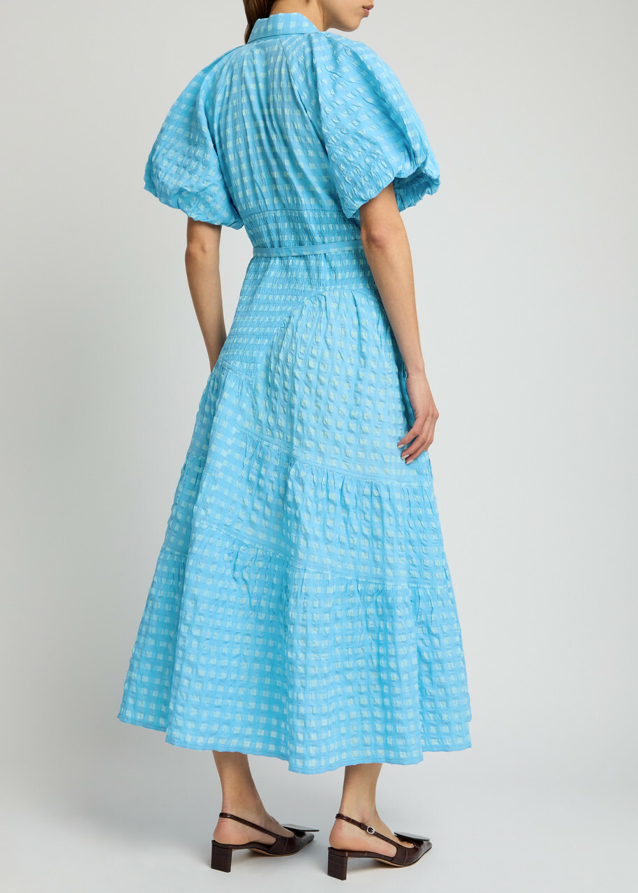 Lovebirds Tatiana Gingham Seersucker Midi Dress Bright Blue
