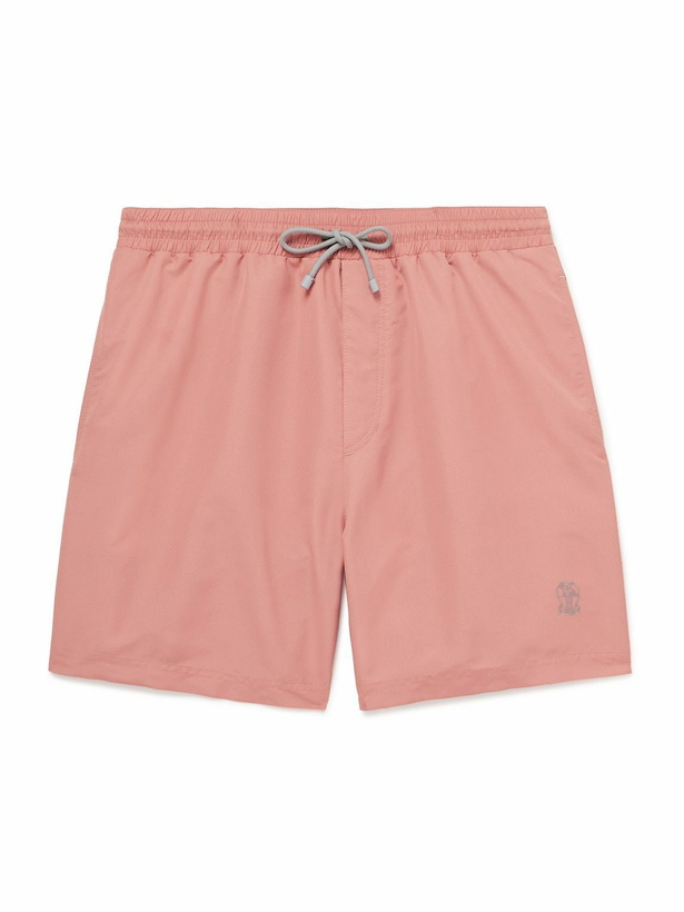 Photo: Brunello Cucinelli - Straight-Leg Mid-Length Logo-Embroidered Swim Shorts - Pink