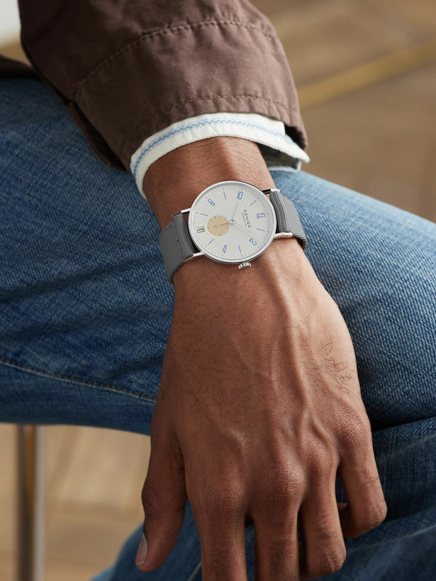 Photo: NOMOS Glashütte - Tangente 38 Date Schulhausweiß Limited Edition Hand-Wound 37.5mm Stainless Steel and Webbing Watch, Ref. No. 179.S11