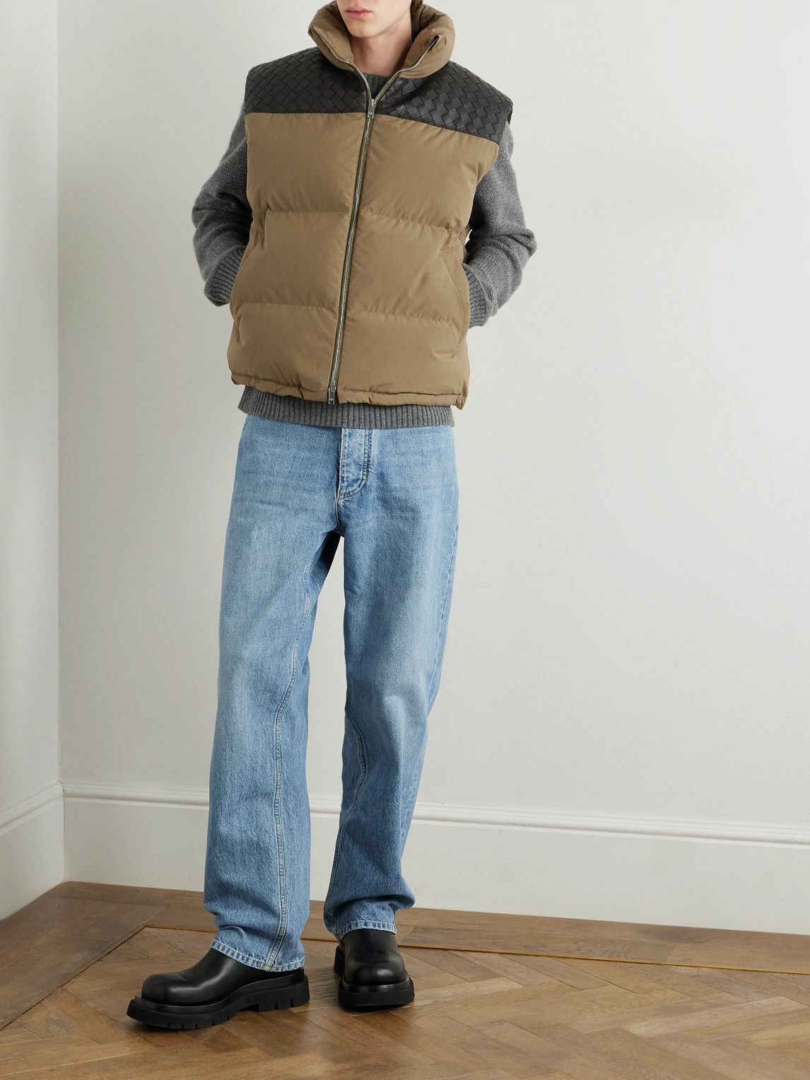 Bottega Veneta - Intrecciato Leather-Panelled Quilted Cotton Down Gilet - Brown