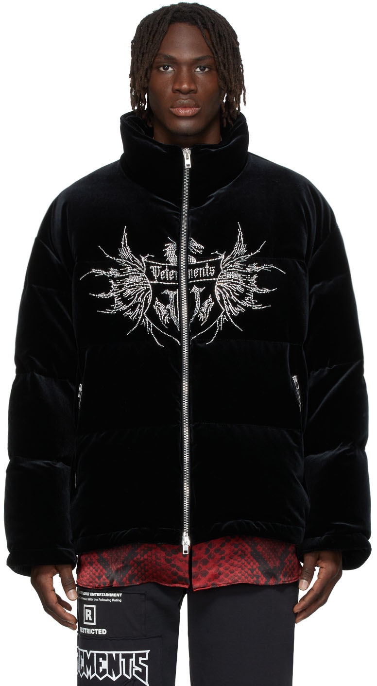 VETEMENTS Black Down Velvet Crystal Logo Jacket Vetements