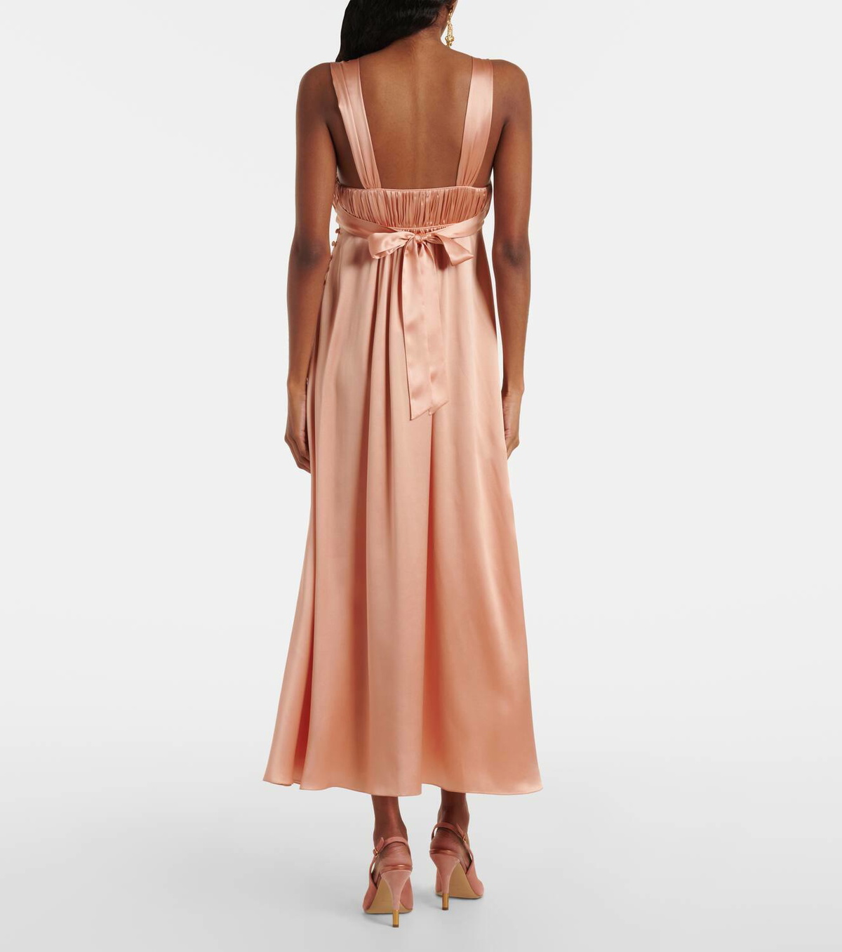 ［大人気！］Chloe Cotton Satin Dress CH25SRO3633920G Pink Gathered silk-satin midi dress | CHLOÉ | NET-A-PORTER