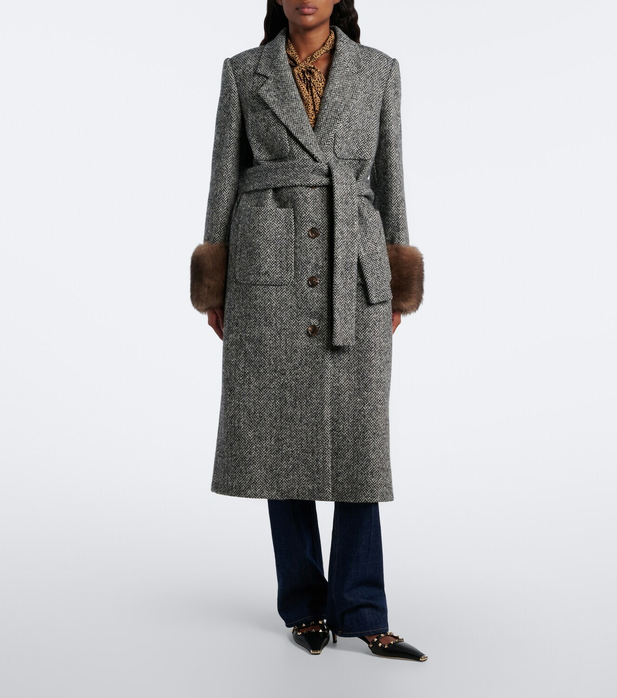 Valentino Herringbone shearling-trimmed wool-blend coat