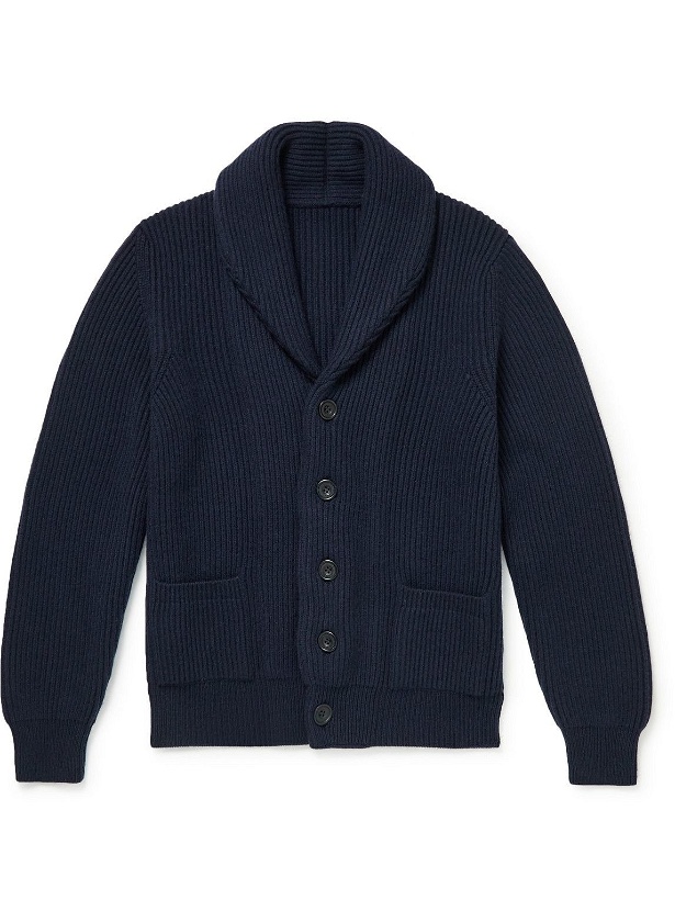Photo: Anderson & Sheppard - Shawl Collar Ribbed Wool and Cashmere-Blend Cardigan - Blue