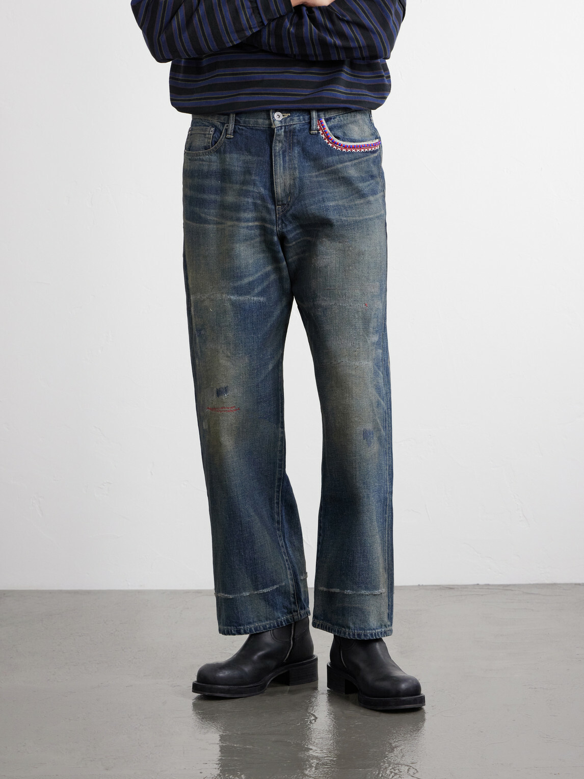 Neighborhood - Savage Wide-Leg Bead-Embellished Distressed Jeans - Blue
