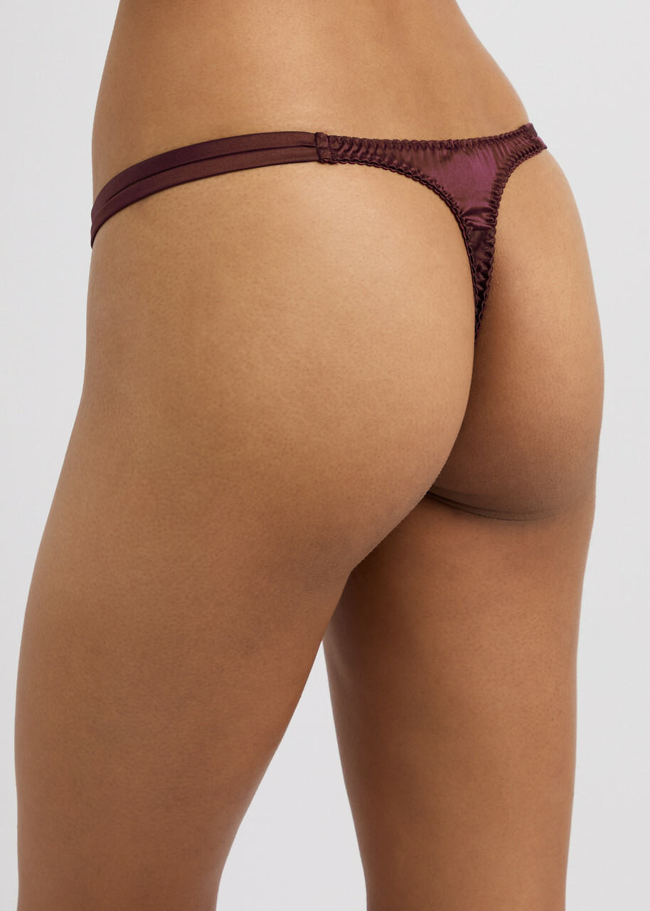 Fleur OF England Eliza Lace and Silk-blend Thong Dark Purple