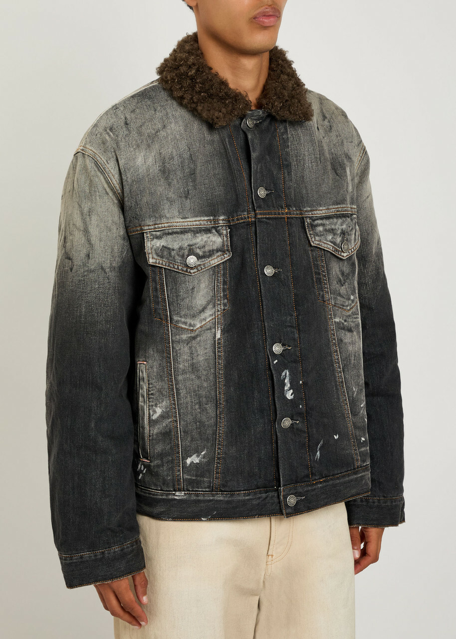 Acne Studios Washed Paint Splattered Faux Shearling Denim Jacket Black