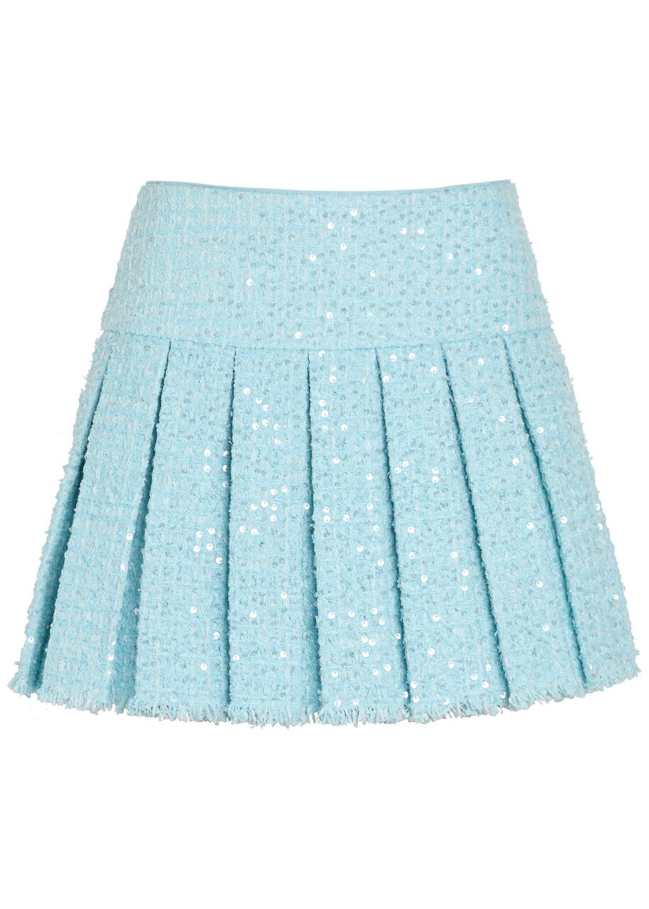 Alice + Olivia Emilie Embellished Pleated Tweed Mini Skirt Blue