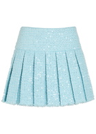 Alice + Olivia Emilie Embellished Pleated Tweed Mini Skirt Blue