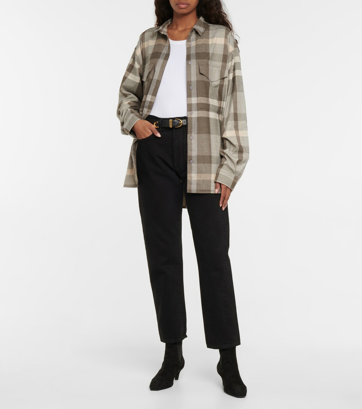 SS25【TOTEME】Loose Black Flannel Top with stripes Toteme Checked flannel shirt Toteme