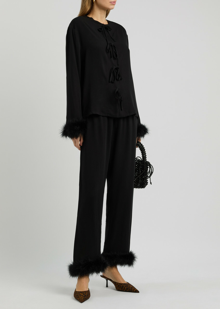 Sleeper Capricorn Feather-trimmed Twill Pyjama set Black