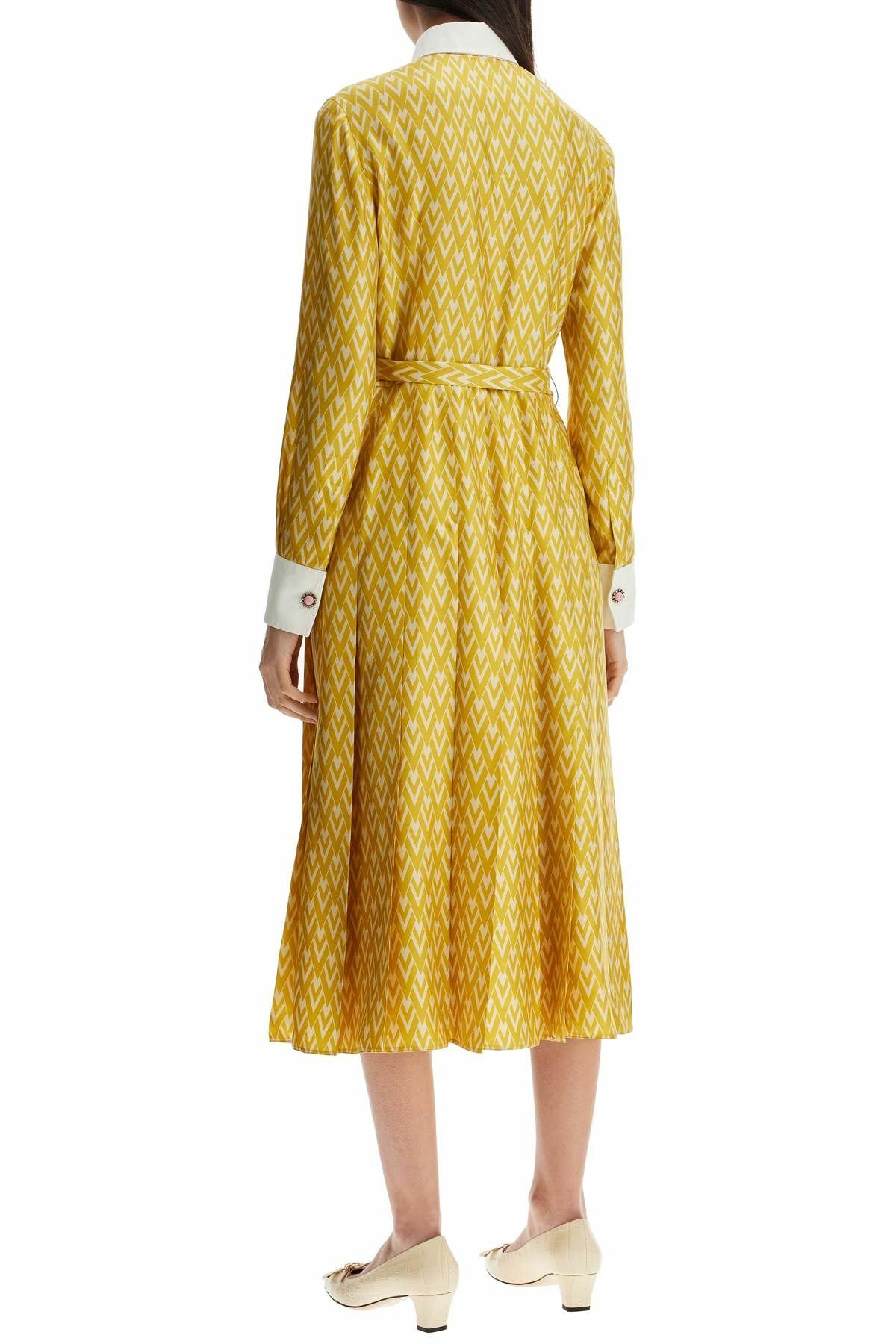 VALENTINO GARAVANI long yellow ochre silk dress with zig-zag pattern Yellow