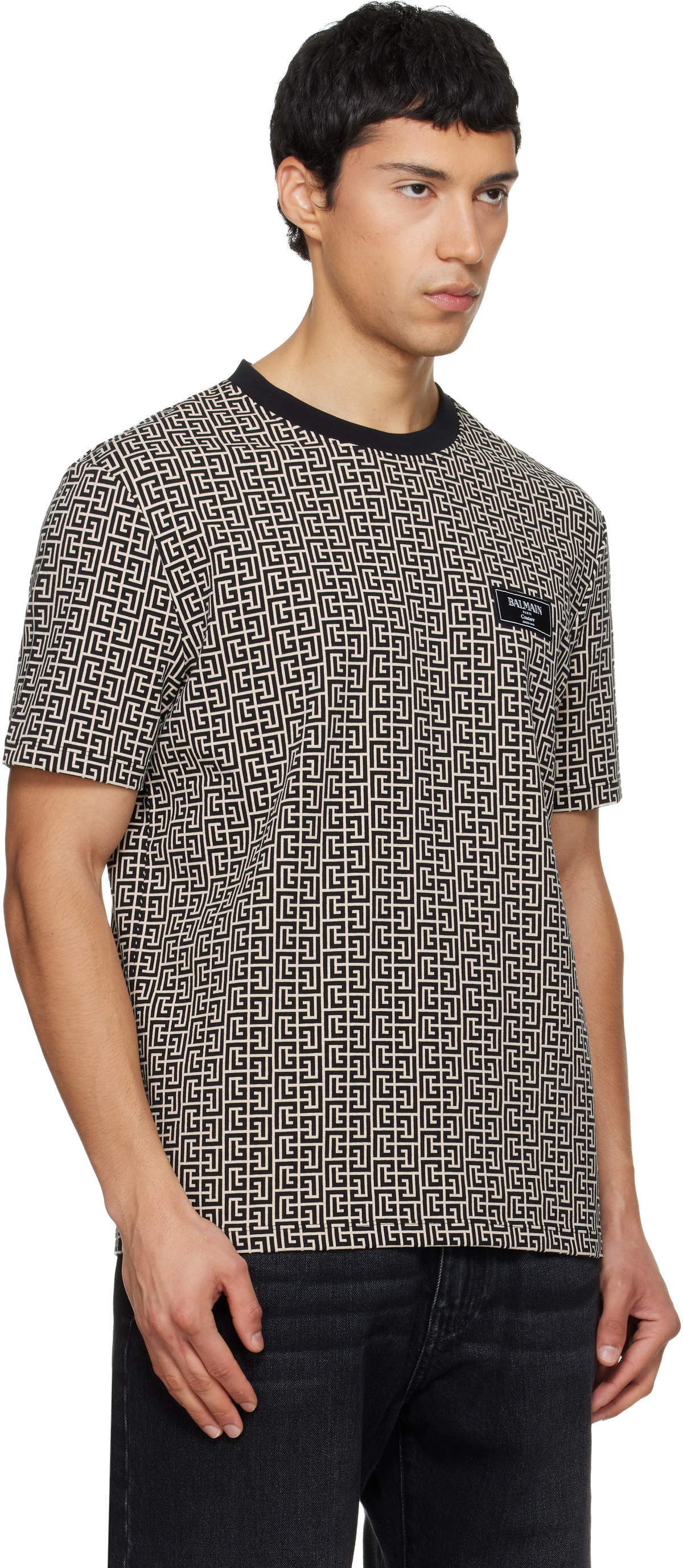 Balmain Black & Beige Monogram Jacquard T-shirt