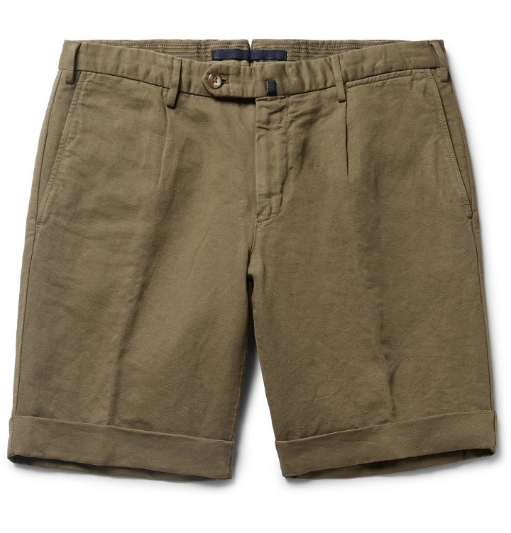 Photo: Incotex - Slim-Fit Linen and Cotton-Blend Shorts - Men - Green