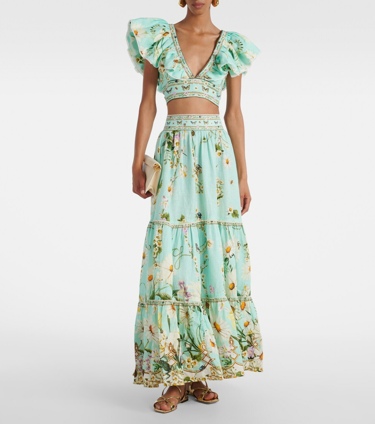 Camilla Floral tiered linen maxi skirt