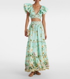 Camilla Floral tiered linen maxi skirt