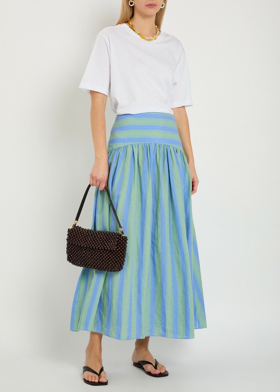 Staud Procida Striped Linen Maxi Skirt Light Blue