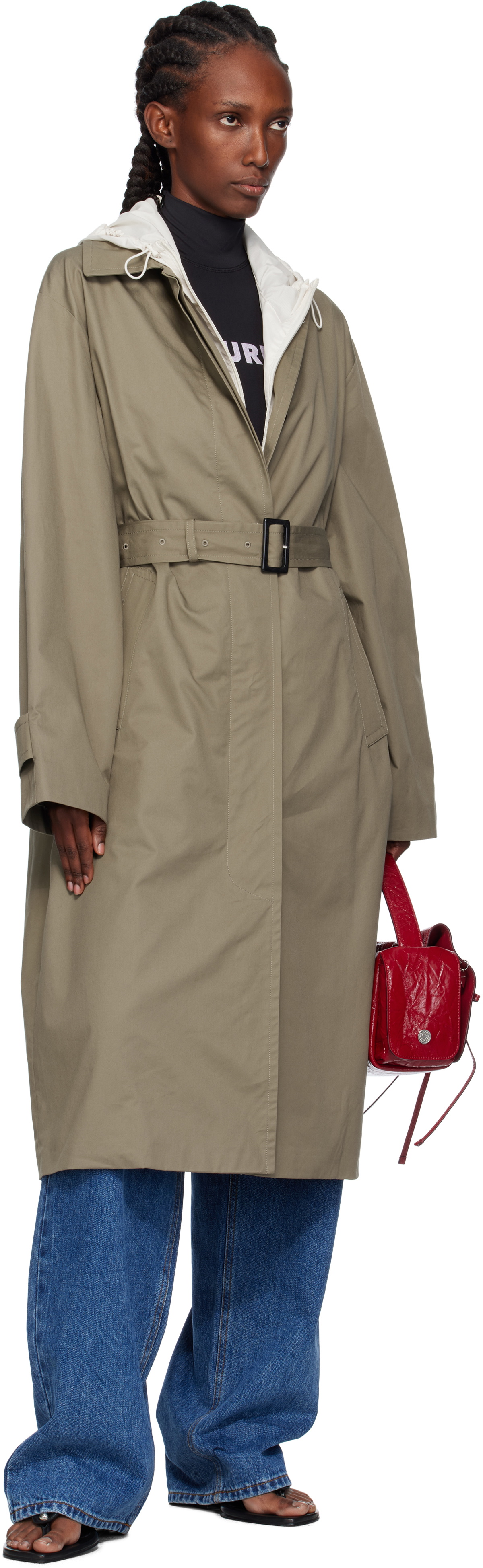 Pushbutton Khaki Hooded Single Trench Coat