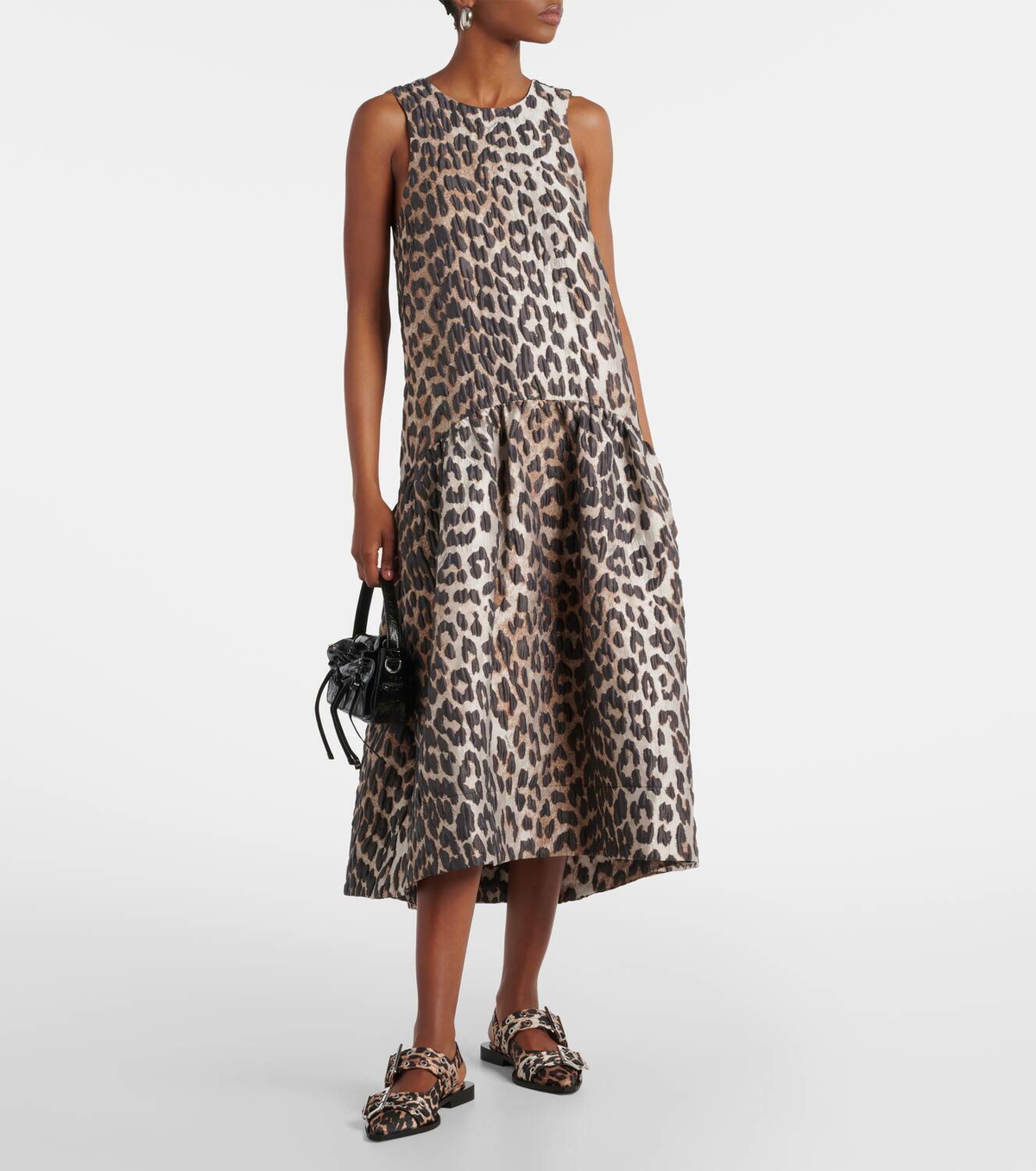ワンピース GANNI LEOPARD PRINT MIDI DRESS Leopard Leopard Print Satin Ruched Midi Dress | GANNI CA
