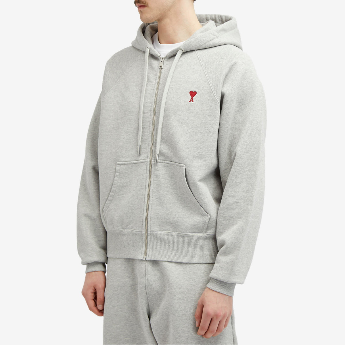 AMI Paris Men's Small A Heart Zip Hoodie in Heather Ash Grey AMI