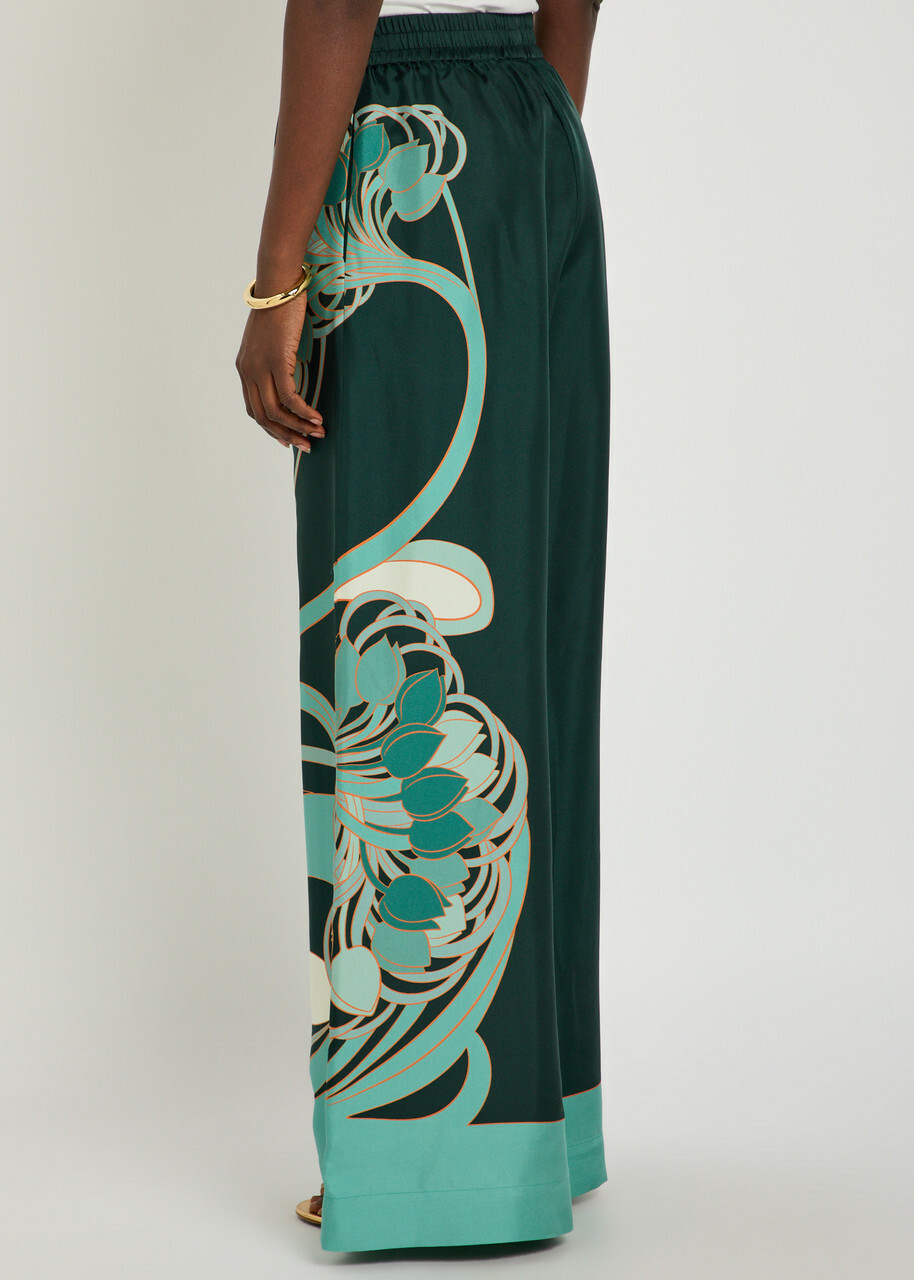 LA Double J Printed Silk-twill Palazzo Trousers Black