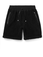 AMIRI - Wide-Leg Leather-Trimmed Fleece Drawstring Shorts - Black