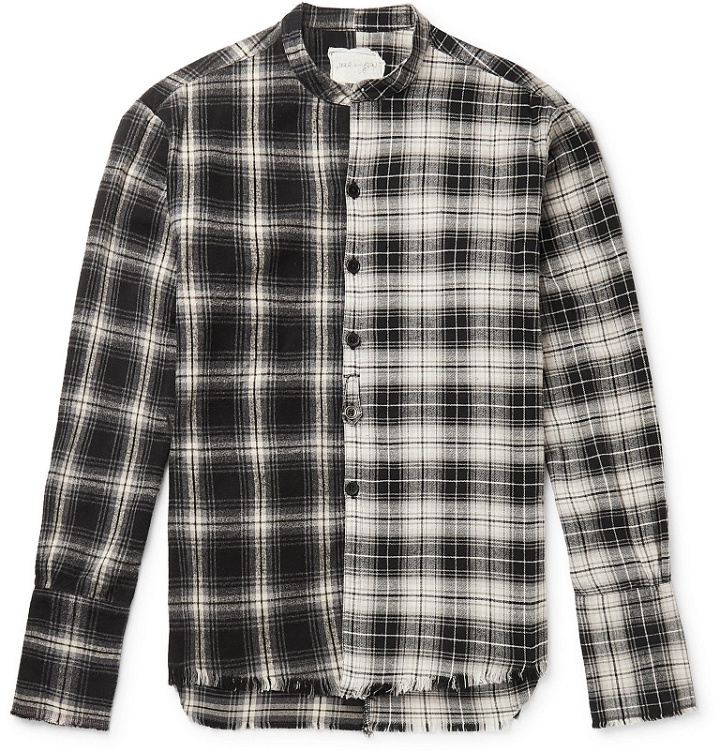 Photo: Greg Lauren - Grandad-Collar Distressed Panelled Checked Cotton-Flannel Shirt - Black